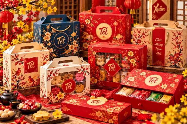 Mẫu hộp carton đựng bánh kẹo Tết: Chọn chất liệu và thiết kế